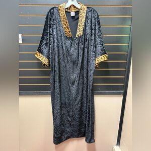 Vintage Granada Black Velour Caftan Lounge Dress Leopard Trim Zip Front Pockets